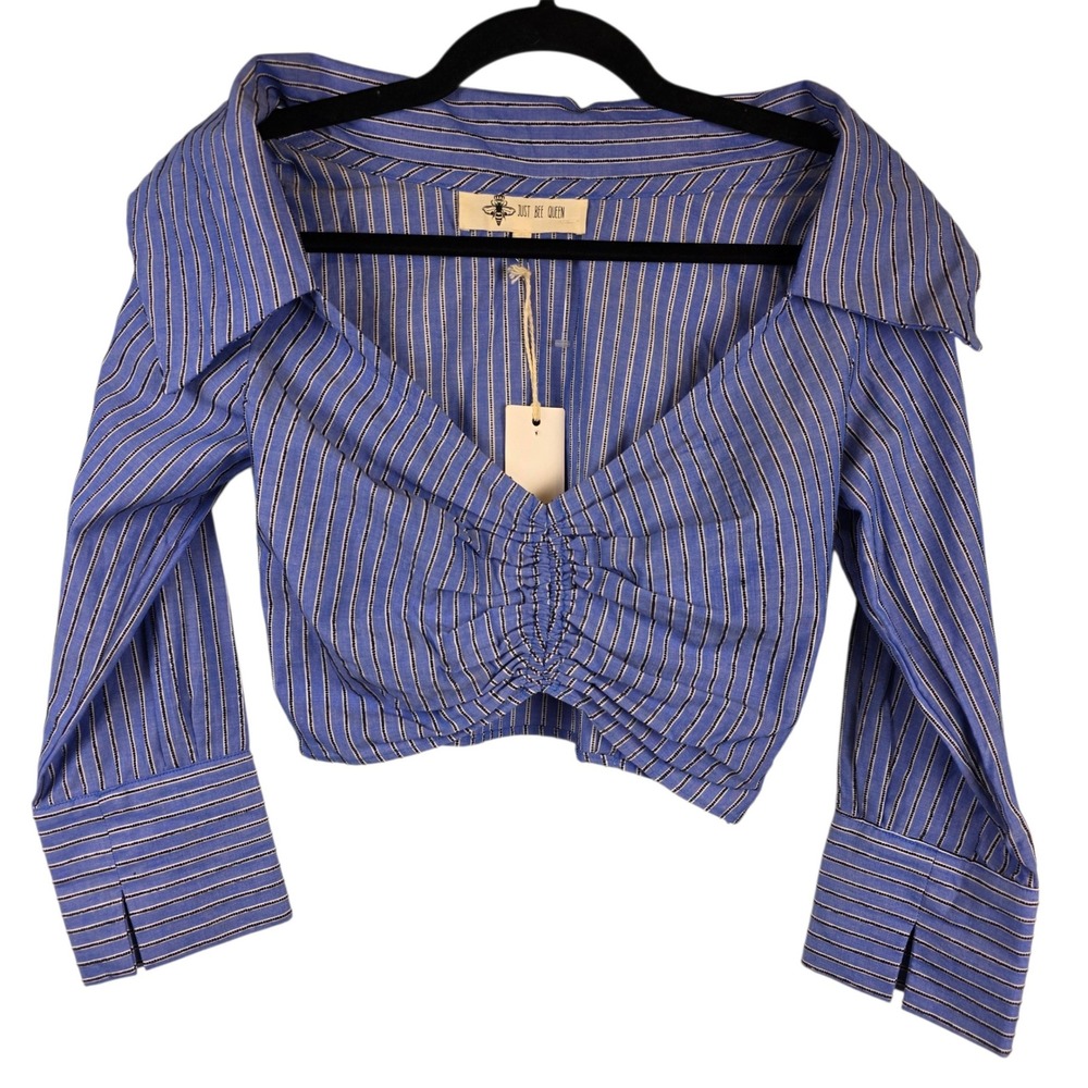 Just Bee Queen‎ Blue Striped Ruched Crop Top Portrait Collar XS New Nautical